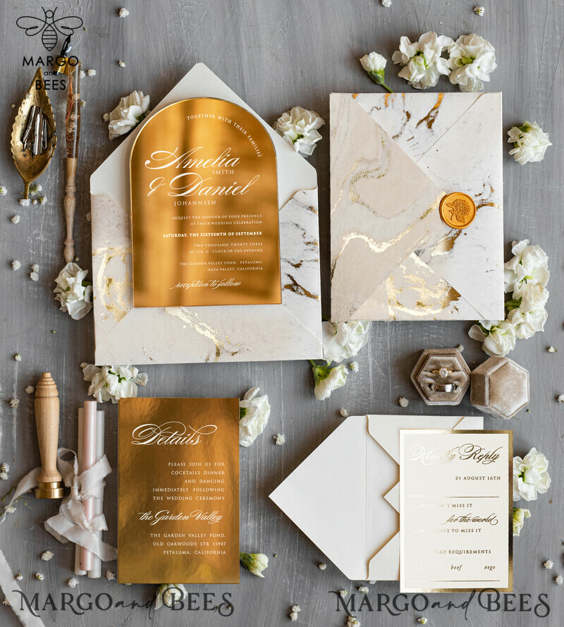 Arch Gold Acrylic wedding invitation, Luxury gold marble Wedding Invites, Glamour Ivory Wedding Invitation Suite-0