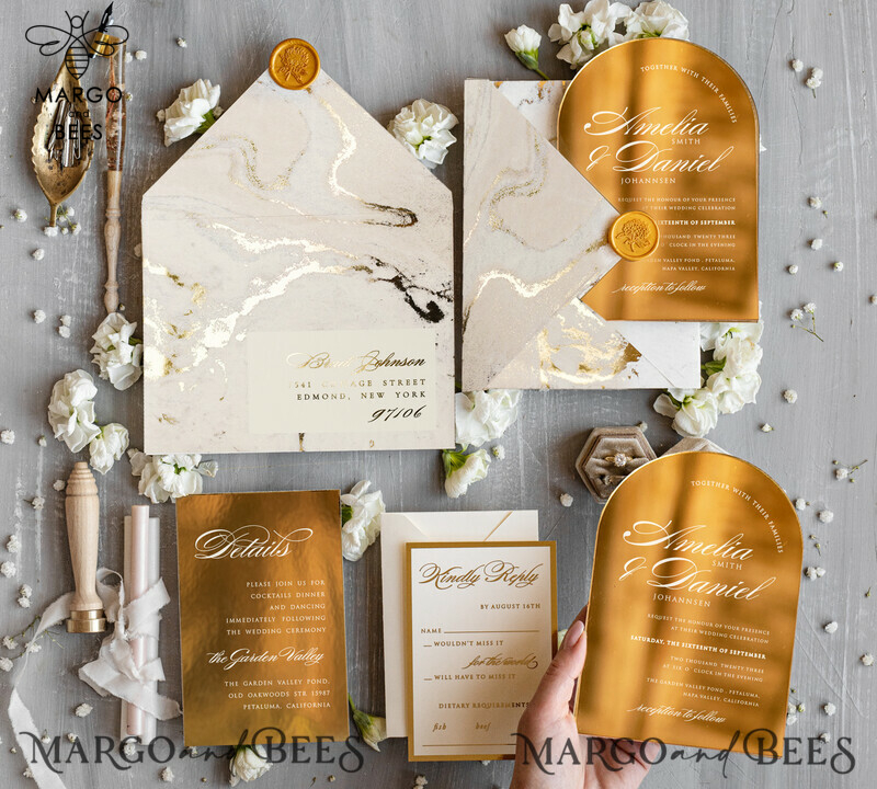 Arch Gold Acrylic wedding invitation, Luxury gold marble Wedding Invites, Glamour Ivory Wedding Invitation Suite-5