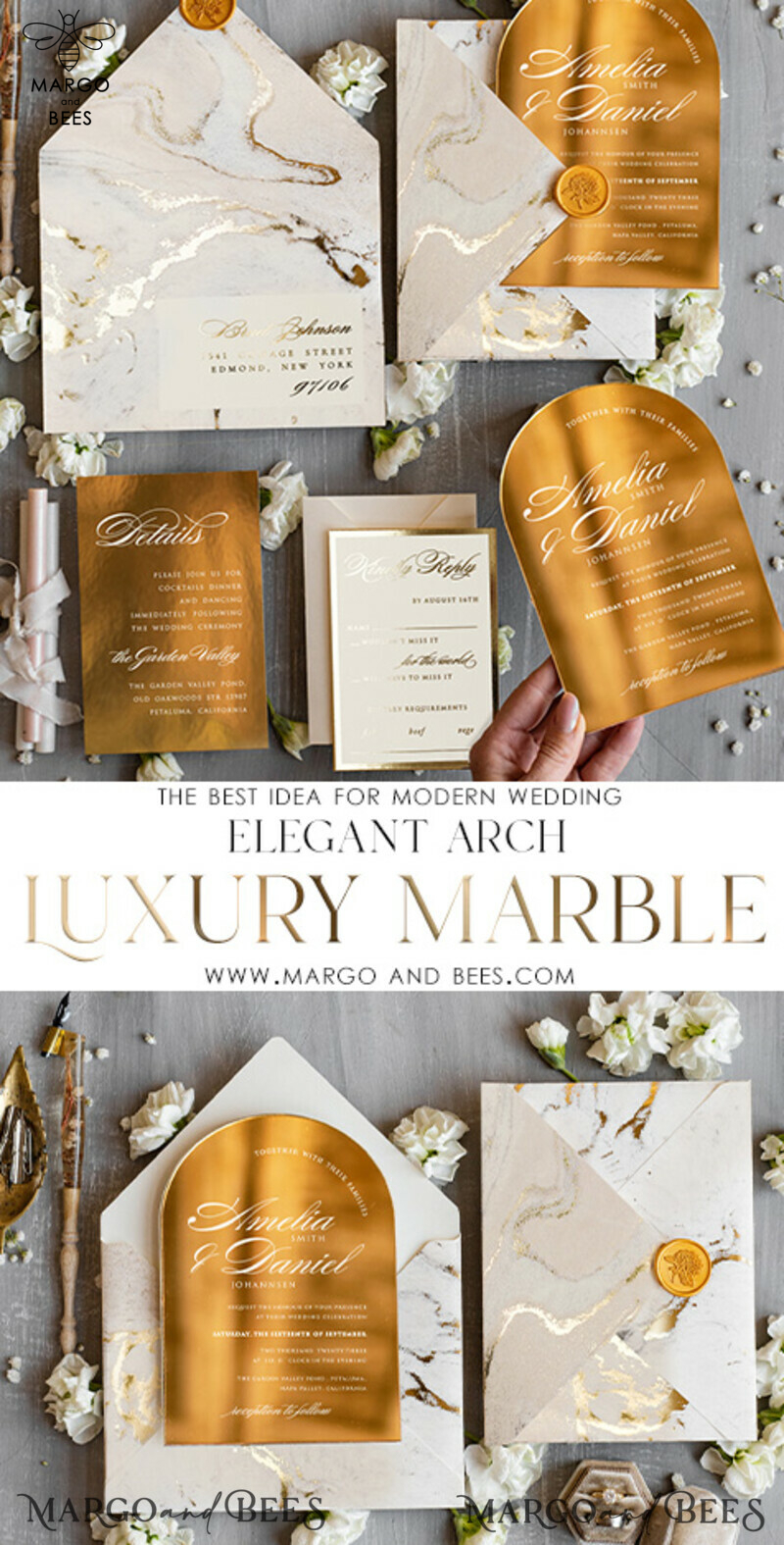 Arch Gold Acrylic wedding invitation, Luxury gold marble Wedding Invites, Glamour Ivory Wedding Invitation Suite-2
