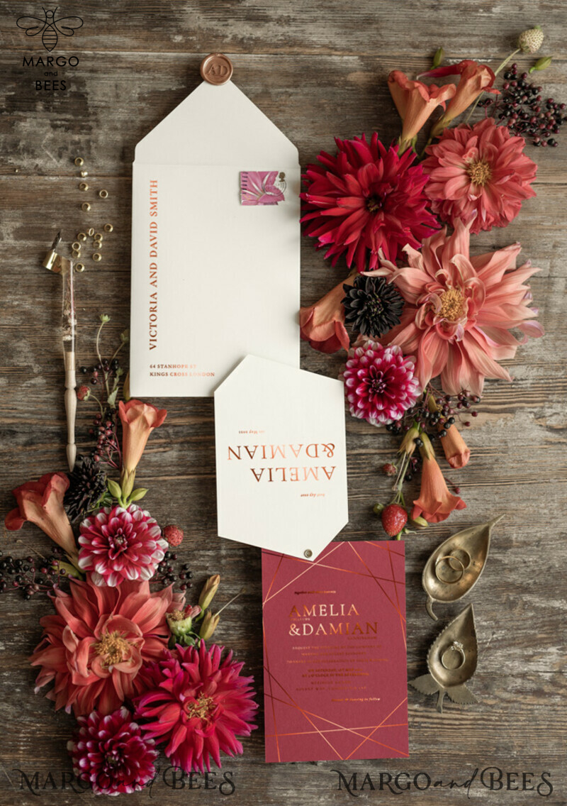 Elegant Geometric Wedding Invites, Glamour Golden Shine Wedding Invitations, Luxury Burgundy Indian Wedding Cards, Modern Wedding Invitation Suite-1