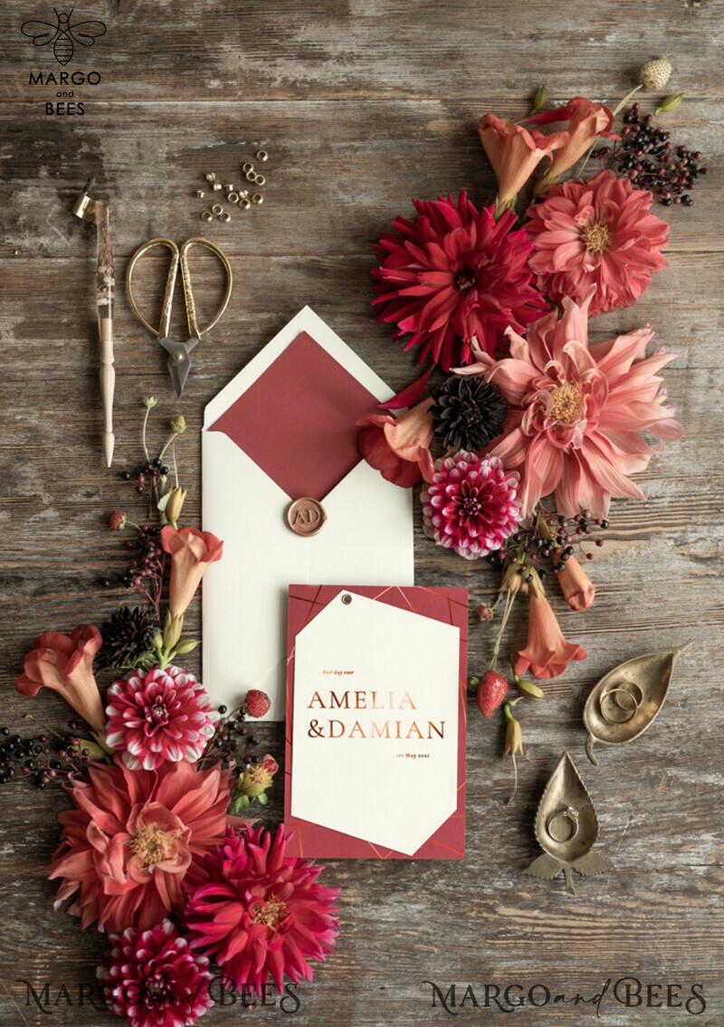 Geometric wedding invitation Suite, Red  Gold Indian  Wedding Cards,  Modern Wedding Invites -2