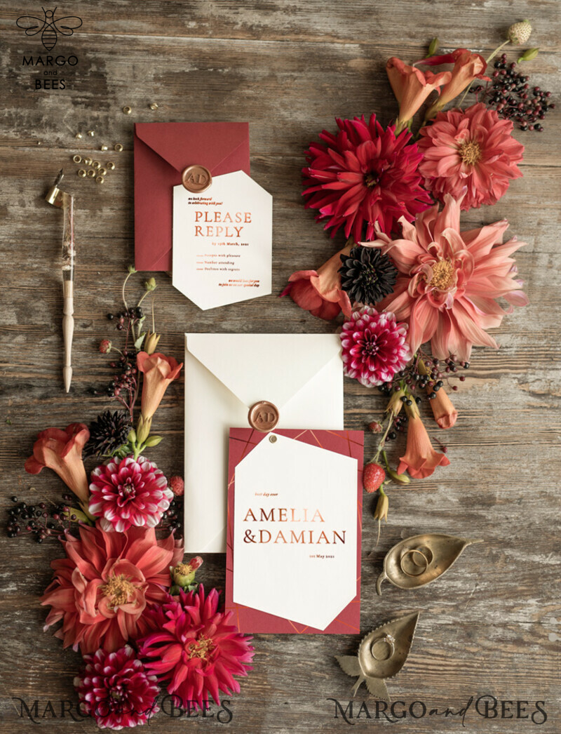 Elegant Geometric Wedding Invites, Glamour Golden Shine Wedding Invitations, Luxury Burgundy Indian Wedding Cards, Modern Wedding Invitation Suite-4