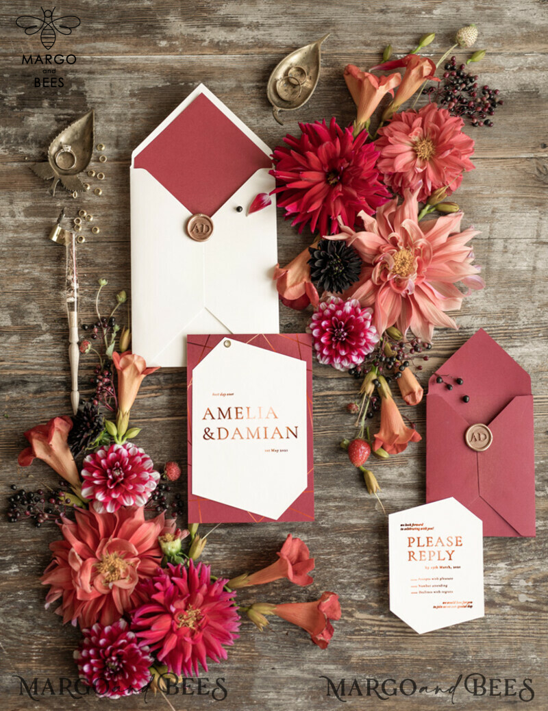 Elegant Geometric Wedding Invites, Glamour Golden Shine Wedding Invitations, Luxury Burgundy Indian Wedding Cards, Modern Wedding Invitation Suite-5