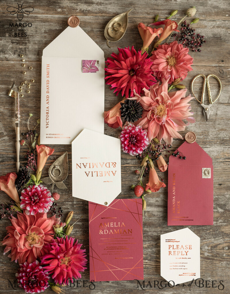 Elegant Geometric Wedding Invites, Glamour Golden Shine Wedding Invitations, Luxury Burgundy Indian Wedding Cards, Modern Wedding Invitation Suite-0