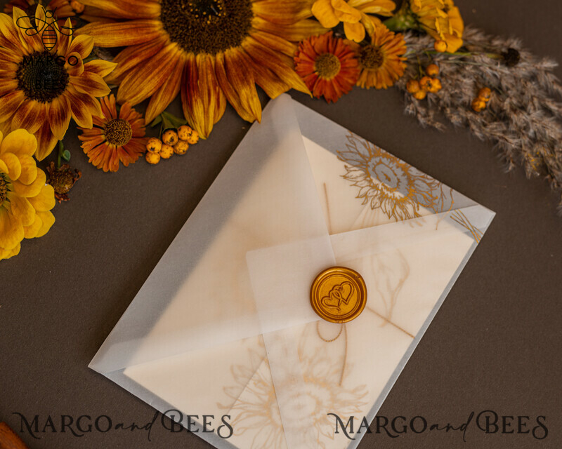 Luxury Gold Foil Wedding Invitations, Romantic Summer Wedding Stationery, Elegant Golden Sunflower Wedding Cards, Glamour Nude Wedding Stationery-7