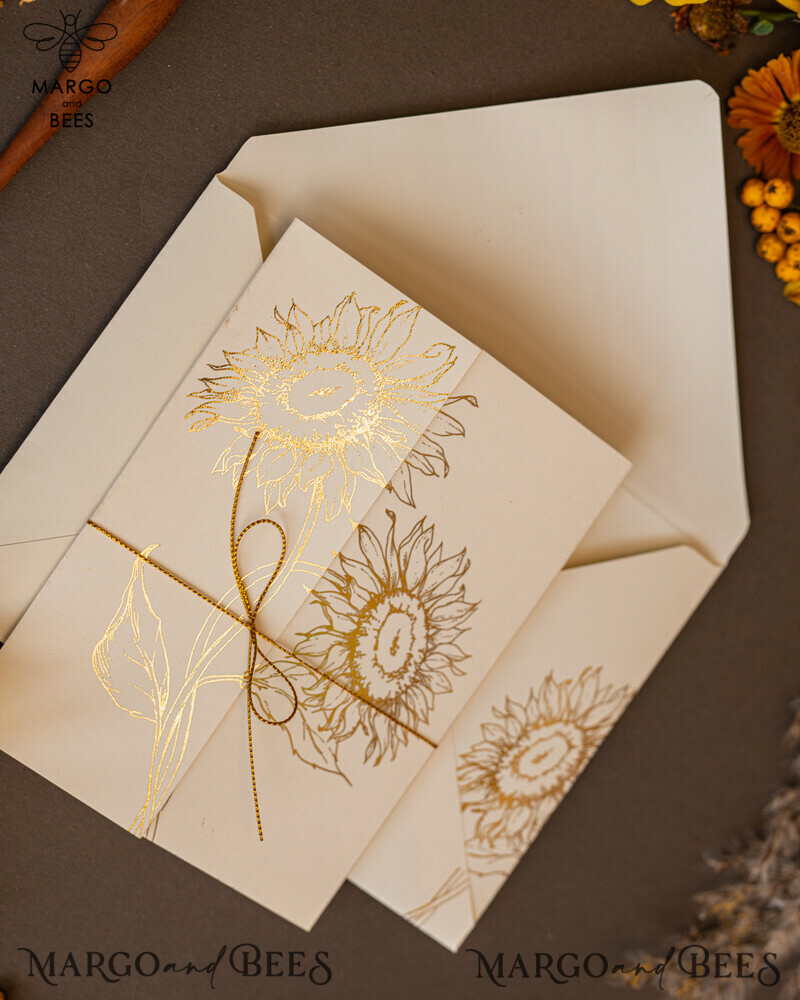 Luxury Gold Foil Wedding Invitations, Romantic Summer Wedding Stationery, Elegant Golden Sunflower Wedding Cards, Glamour Nude Wedding Stationery-5