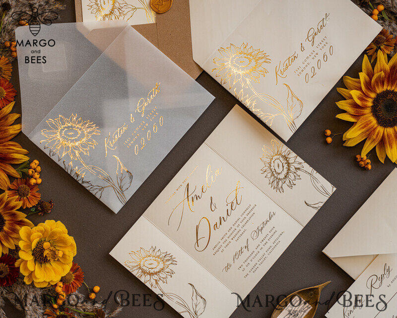 Luxury Gold Foil Wedding Invitations, Romantic Summer Wedding Stationery, Elegant Golden Sunflower Wedding Cards, Glamour Nude Wedding Stationery-1