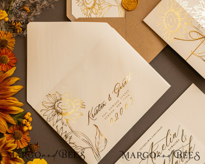 Luxury Gold Foil Wedding Invitations, Romantic Summer Wedding Stationery, Elegant Golden Sunflower Wedding Cards, Glamour Nude Wedding Stationery-4