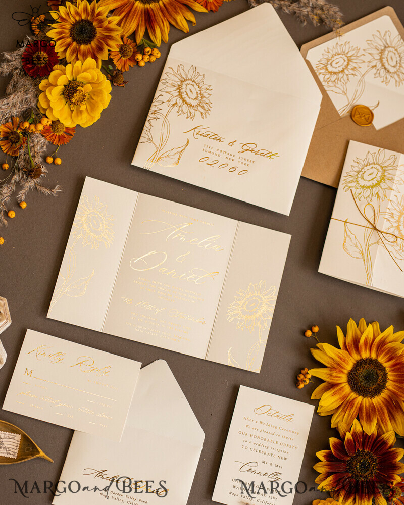 Luxury Gold Foil Wedding Invitations, Romantic Summer Wedding Stationery, Elegant Golden Sunflower Wedding Cards, Glamour Nude Wedding Stationery-3