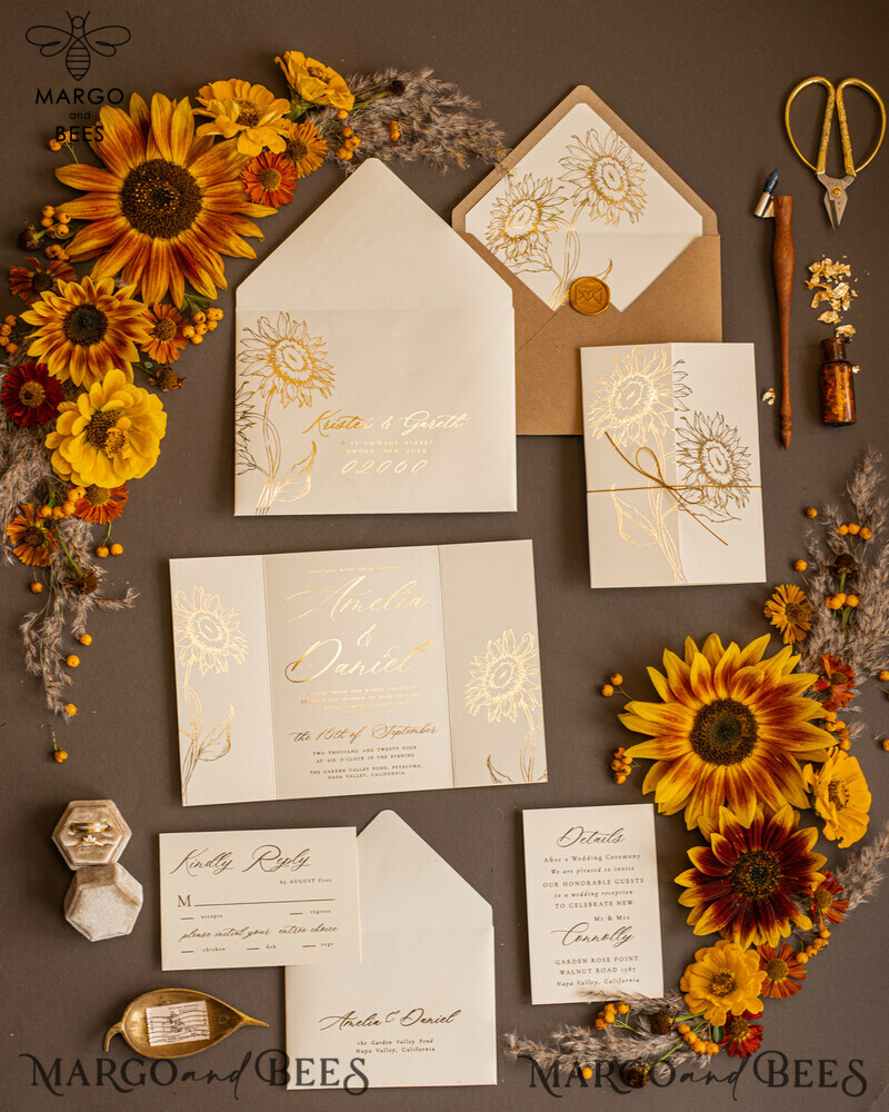 Luxury Gold Foil Wedding Invitations, Romantic Summer Wedding Stationery, Elegant Golden Sunflower Wedding Cards, Glamour Nude Wedding Stationery-2