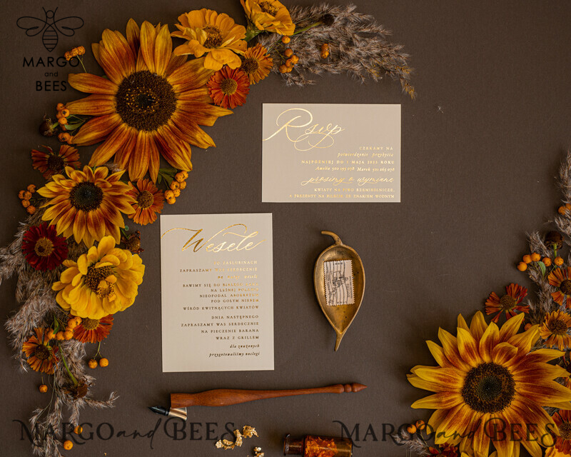 Luxury Gold Foil Wedding Invitations, Romantic Summer Wedding Stationery, Elegant Golden Sunflower Wedding Cards, Glamour Nude Wedding Stationery-8