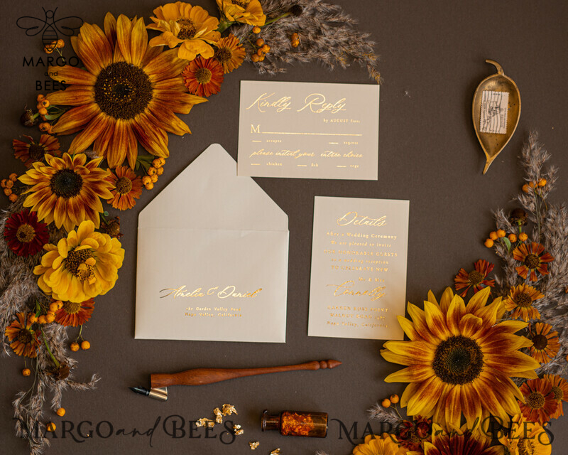 Luxury Gold Foil Wedding Invitations, Romantic Summer Wedding Stationery, Elegant Golden Sunflower Wedding Cards, Glamour Nude Wedding Stationery-9