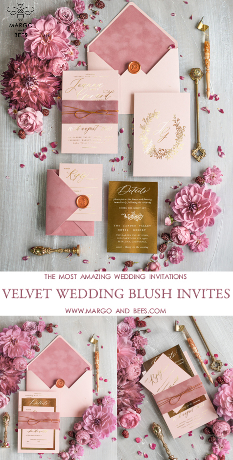 Custom Gold wedding invitation suite, Velvet Wedding Blush Invites, Glamour Wedding Invitations-4