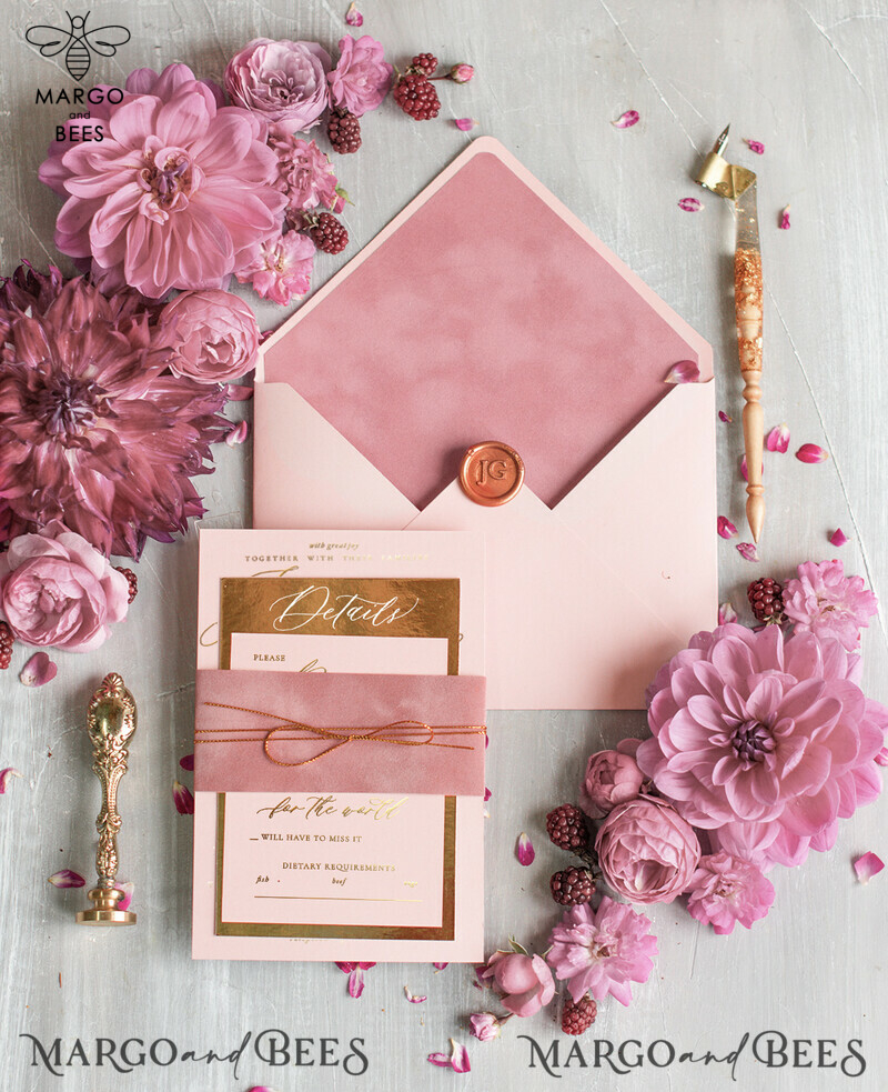 Elegant and Enchanting: Glamour Gold Foil Wedding Invitations and Luxury Velvet Wedding Cards in a Romantic Blush Pink Wedding Invitation Suite - Your Perfect Bespoke Wedding Stationery-3
