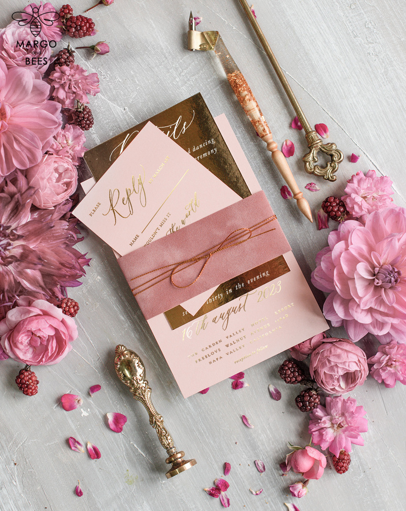 Elegant and Enchanting: Glamour Gold Foil Wedding Invitations and Luxury Velvet Wedding Cards in a Romantic Blush Pink Wedding Invitation Suite - Your Perfect Bespoke Wedding Stationery-5
