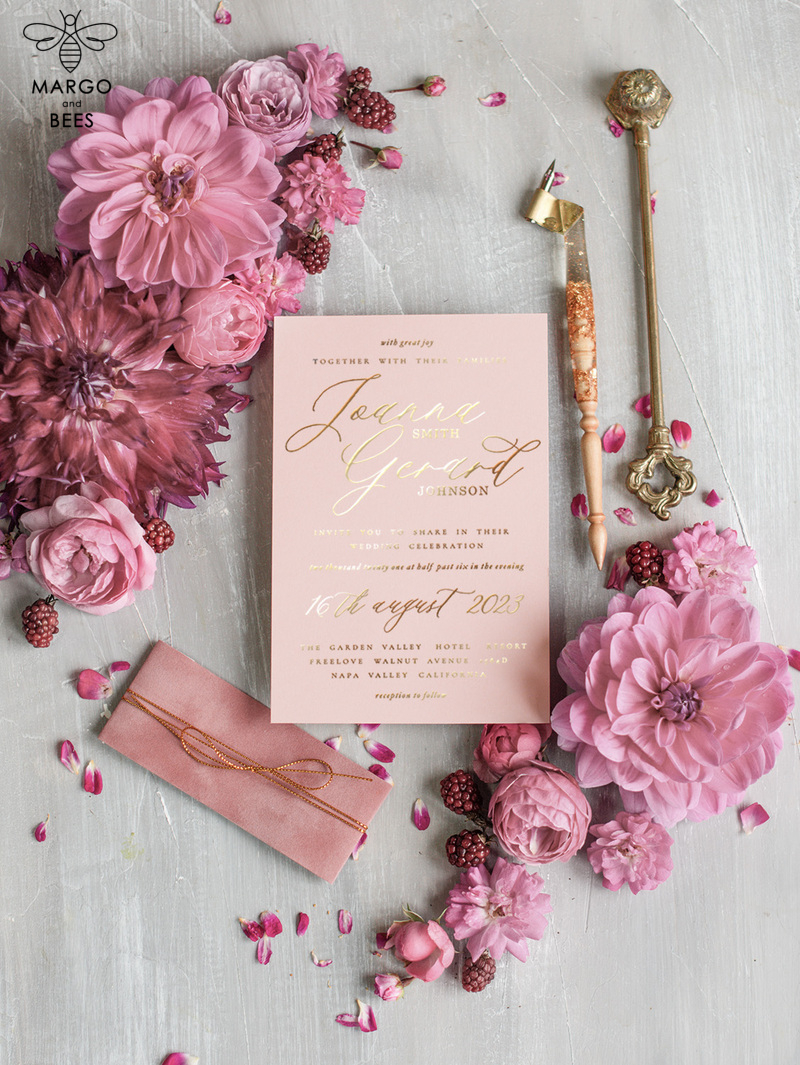 Elegant and Enchanting: Glamour Gold Foil Wedding Invitations and Luxury Velvet Wedding Cards in a Romantic Blush Pink Wedding Invitation Suite - Your Perfect Bespoke Wedding Stationery-6
