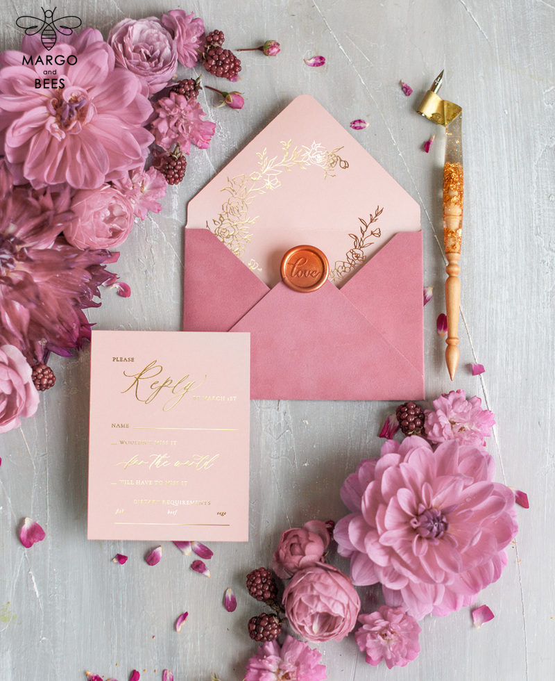 Elegant and Enchanting: Glamour Gold Foil Wedding Invitations and Luxury Velvet Wedding Cards in a Romantic Blush Pink Wedding Invitation Suite - Your Perfect Bespoke Wedding Stationery-8