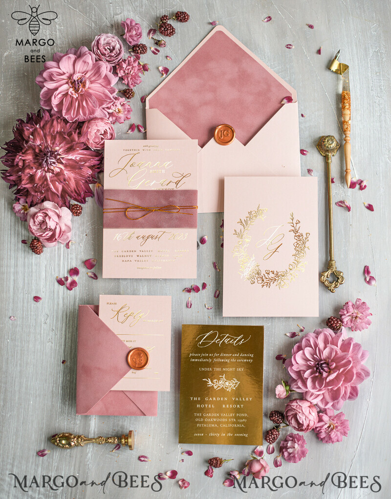 Elegant and Enchanting: Glamour Gold Foil Wedding Invitations and Luxury Velvet Wedding Cards in a Romantic Blush Pink Wedding Invitation Suite - Your Perfect Bespoke Wedding Stationery-0