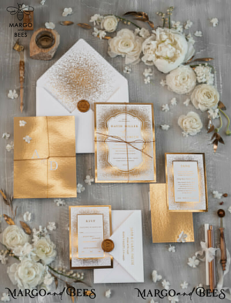 Modern Wedding invitations shiny gold stationery   -1