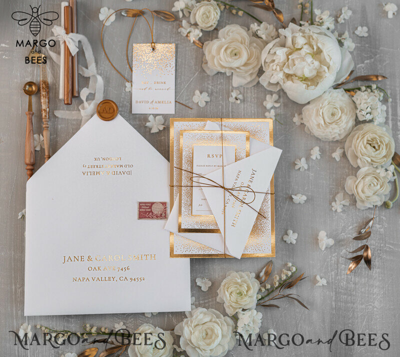 Modern Wedding invitations shiny gold stationery   -10