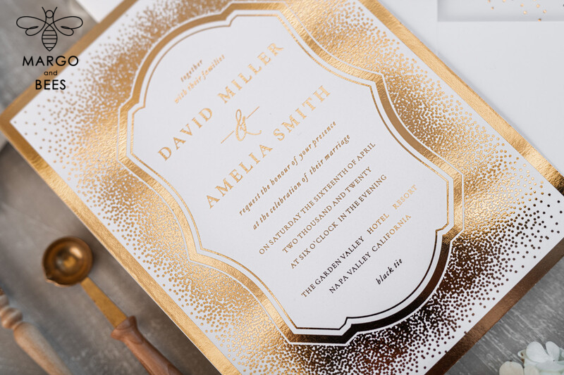 Modern Wedding invitations shiny gold stationery   -11