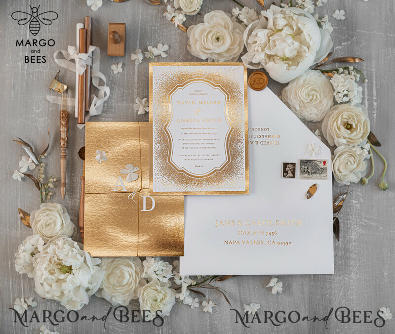 Modern Wedding invitations shiny gold stationery   -15