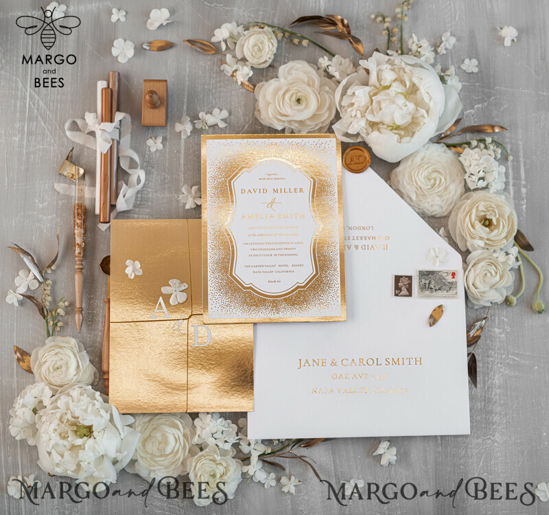 Modern Wedding invitations shiny gold stationery   -19