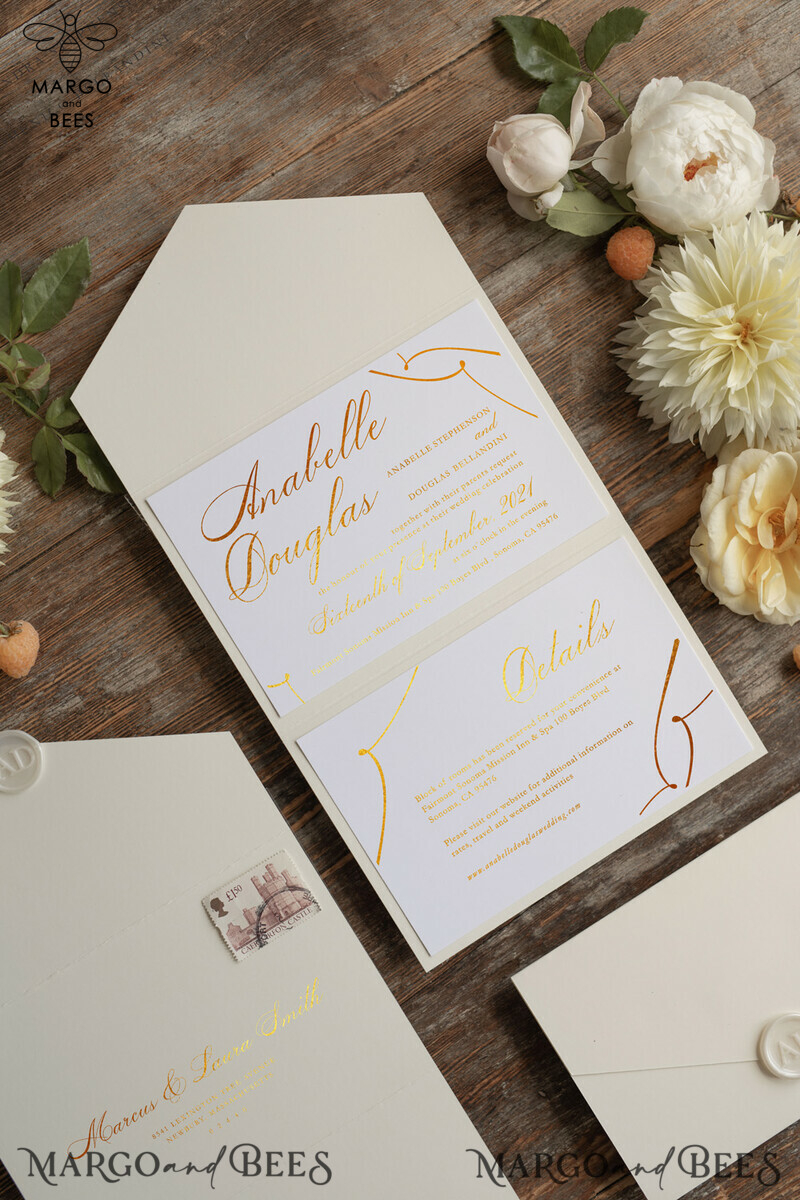 Exquisite Luxury Golden Wedding Invites: Elevate Your Special Day with Elegant Nude Pocketfold Invitations and Glamourous Gold Foil Wedding Cards. Discover the Perfect Blend of Minimalistic Wedding Stationery.-1