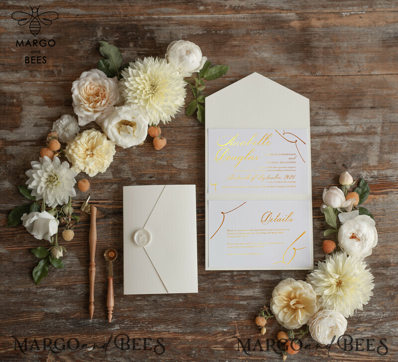 Exquisite Luxury Golden Wedding Invites: Elevate Your Special Day with Elegant Nude Pocketfold Invitations and Glamourous Gold Foil Wedding Cards. Discover the Perfect Blend of Minimalistic Wedding Stationery.-3