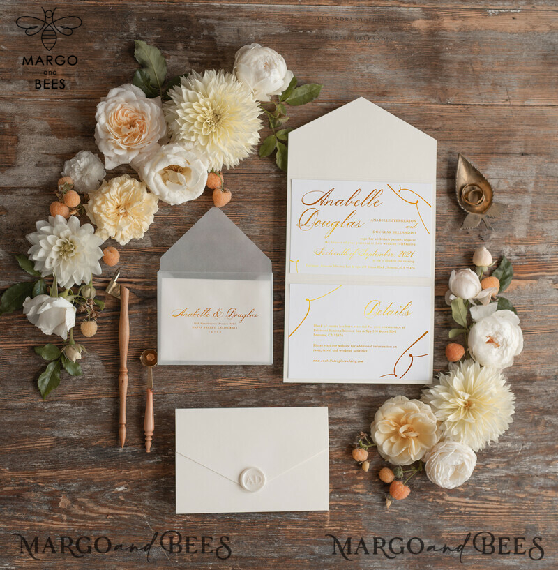 Exquisite Luxury Golden Wedding Invites: Elevate Your Special Day with Elegant Nude Pocketfold Invitations and Glamourous Gold Foil Wedding Cards. Discover the Perfect Blend of Minimalistic Wedding Stationery.-4