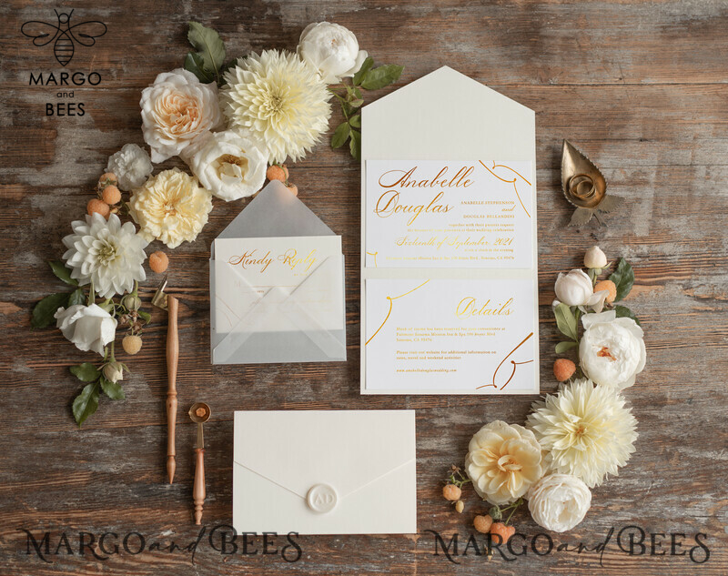Exquisite Luxury Golden Wedding Invites: Elevate Your Special Day with Elegant Nude Pocketfold Invitations and Glamourous Gold Foil Wedding Cards. Discover the Perfect Blend of Minimalistic Wedding Stationery.-6