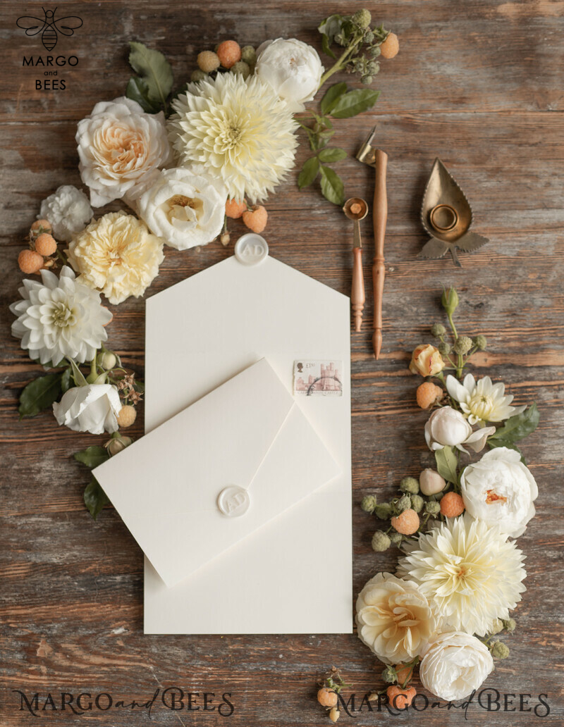 Personalised Wedding invitations shiny gold stationery ecru ivory   -9