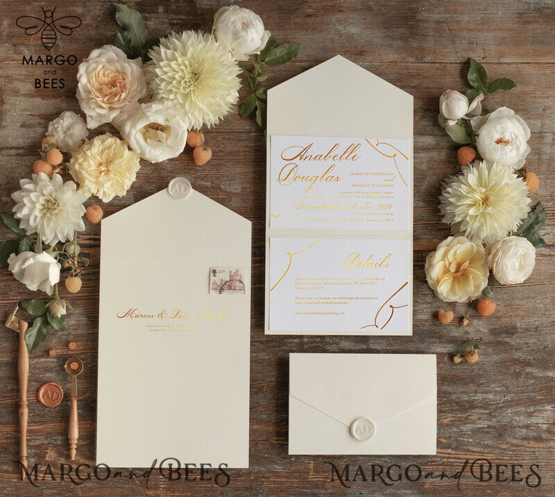 Exquisite Luxury Golden Wedding Invites: Elevate Your Special Day with Elegant Nude Pocketfold Invitations and Glamourous Gold Foil Wedding Cards. Discover the Perfect Blend of Minimalistic Wedding Stationery.-0