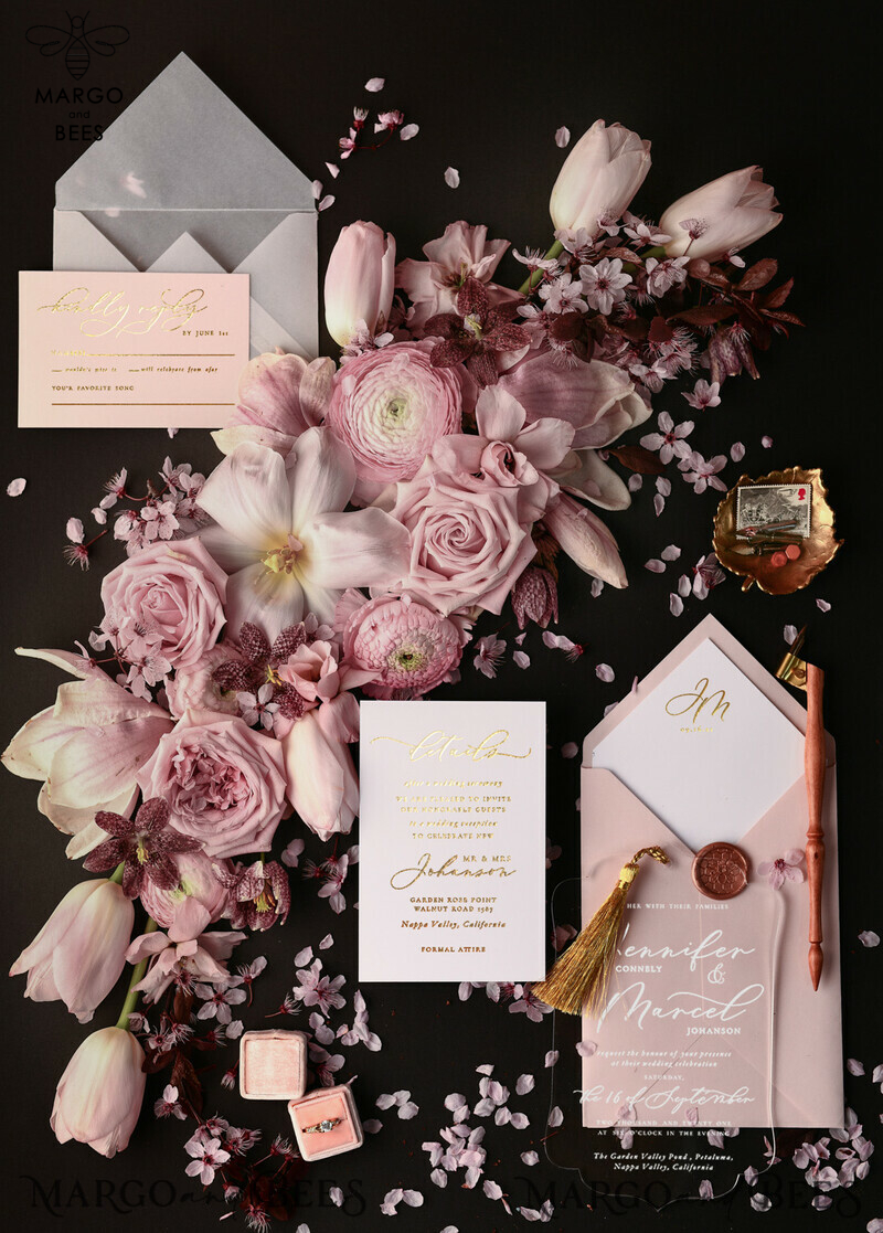 Luxury Plexi Acrylic Wedding Invitations, Glamour Golden Tassel Wedding Invites, Romantic Blush Pink Arabic Wedding Cards, Bespoke Indian Wedding Invitation Suite-1