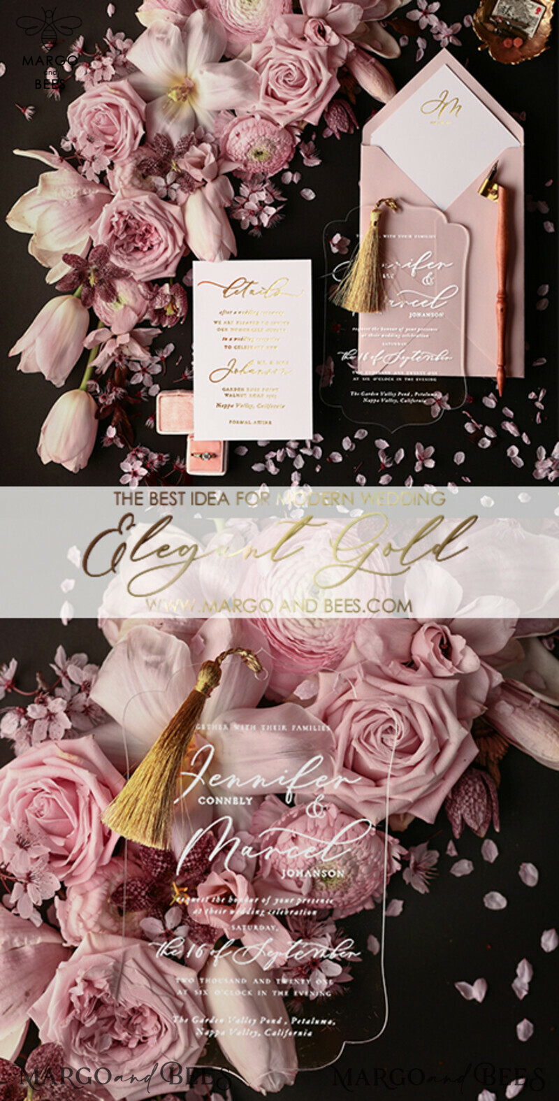 Elegant Luxury Plexi Acrylic Wedding Invitations with Glamour Golden Tassel Details and Romantic Blush Pink Arabic Wedding Cards - Exquisite Bespoke Indian Wedding Invitation Suite-8