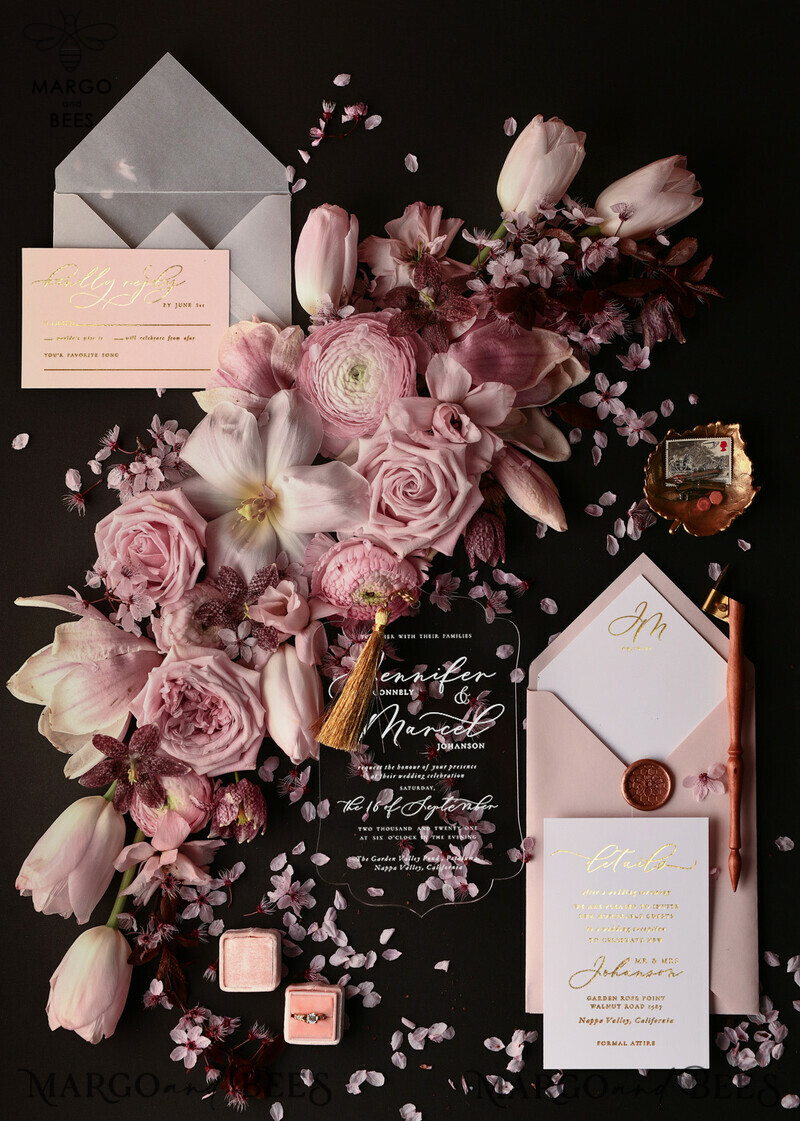 Elegant Luxury Plexi Acrylic Wedding Invitations with Glamour Golden Tassel Details and Romantic Blush Pink Arabic Wedding Cards - Exquisite Bespoke Indian Wedding Invitation Suite-0