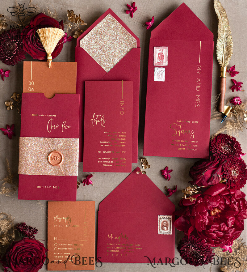Wedding invitations suite, Glamour burgundy Wedding Invitations, gold tassel Wedding Invitation Suite, Luxury Wedding Cards-2
