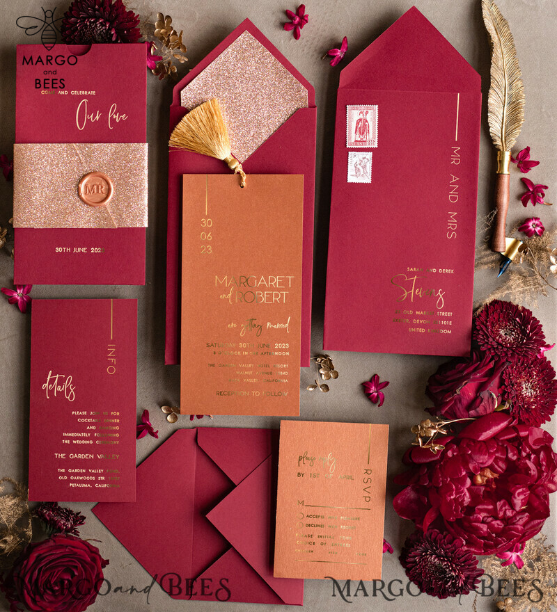 Wedding invitations suite, Glamour burgundy Wedding Invitations, gold tassel Wedding Invitation Suite, Luxury Wedding Cards-0