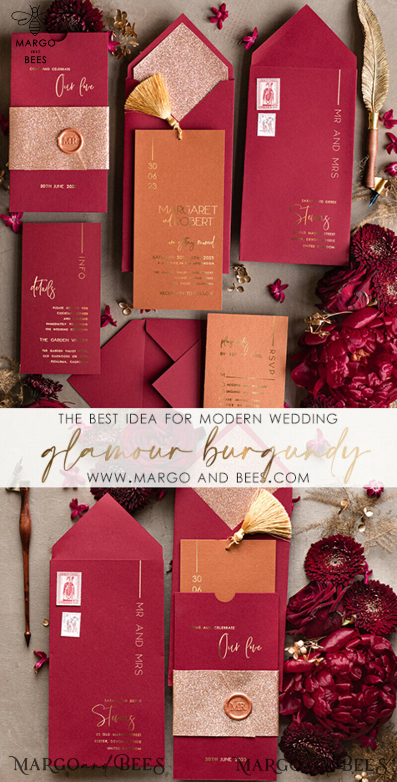 Wedding invitations suite, Glamour burgundy Wedding Invitations, gold tassel Wedding Invitation Suite, Luxury Wedding Cards-3