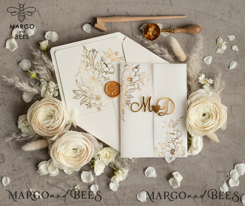 Luxory Wedding invitations handmade, Acrylic golden initials Wedding Invitations, Golden Shine Wedding Invitation Suite -6