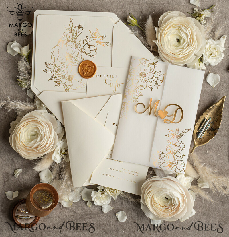 Luxory Wedding invitations handmade, Acrylic golden initials Wedding Invitations, Golden Shine Wedding Invitation Suite -3
