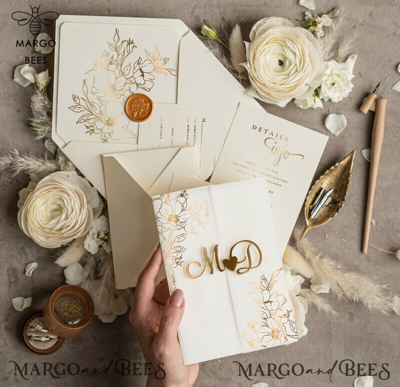 Elegant and Luxurious Handmade Wedding Invitations: Acrylic Golden Initials and Golden Shine Wedding Invitation Suite-7