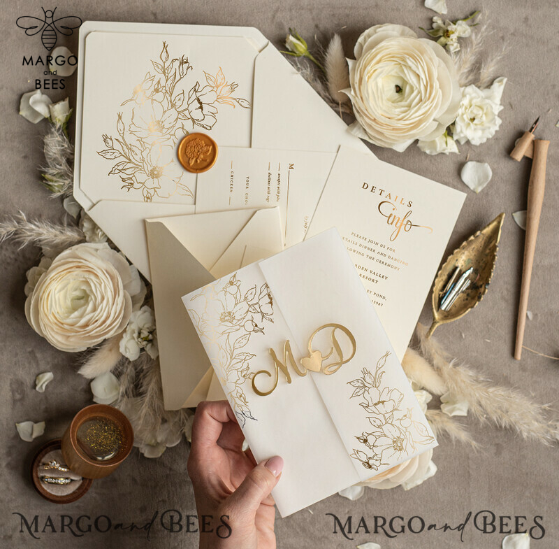 Elegant and Luxurious Handmade Wedding Invitations: Acrylic Golden Initials and Golden Shine Wedding Invitation Suite-5