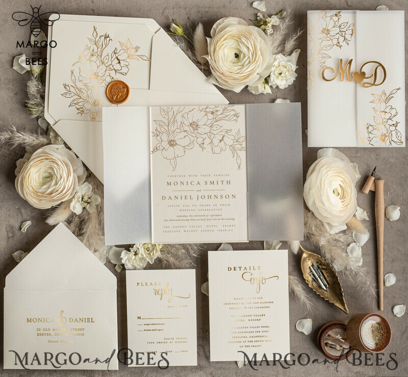 Elegant and Luxurious Handmade Wedding Invitations: Acrylic Golden Initials and Golden Shine Wedding Invitation Suite-0