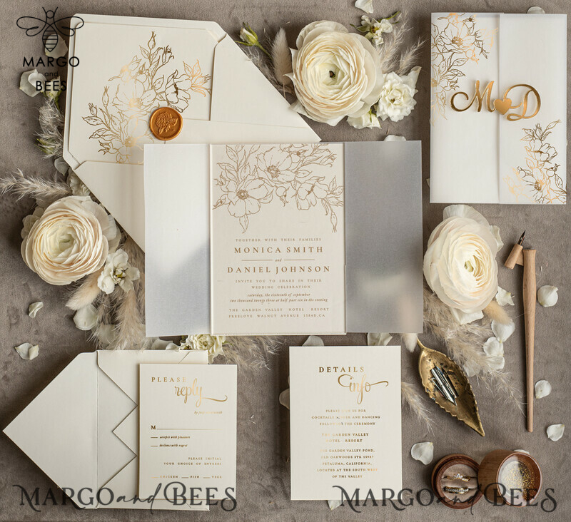 Luxory Wedding invitations handmade, Acrylic golden initials Wedding Invitations, Golden Shine Wedding Invitation Suite -1