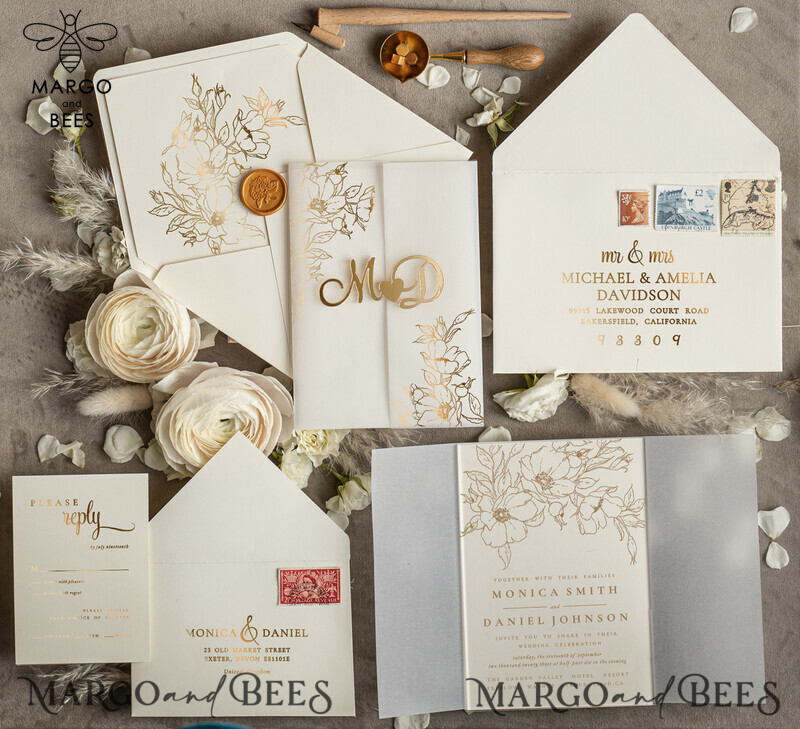 Luxory Wedding invitations handmade, Acrylic golden initials Wedding Invitations, Golden Shine Wedding Invitation Suite -4