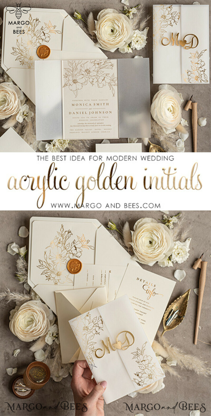 Luxory Wedding invitations handmade, Acrylic golden initials Wedding Invitations, Golden Shine Wedding Invitation Suite -2