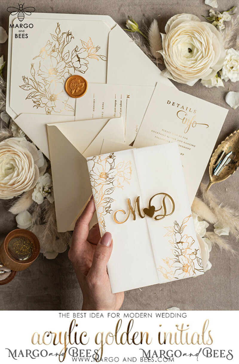 Elegant and Luxurious Handmade Wedding Invitations: Acrylic Golden Initials and Golden Shine Wedding Invitation Suite-8