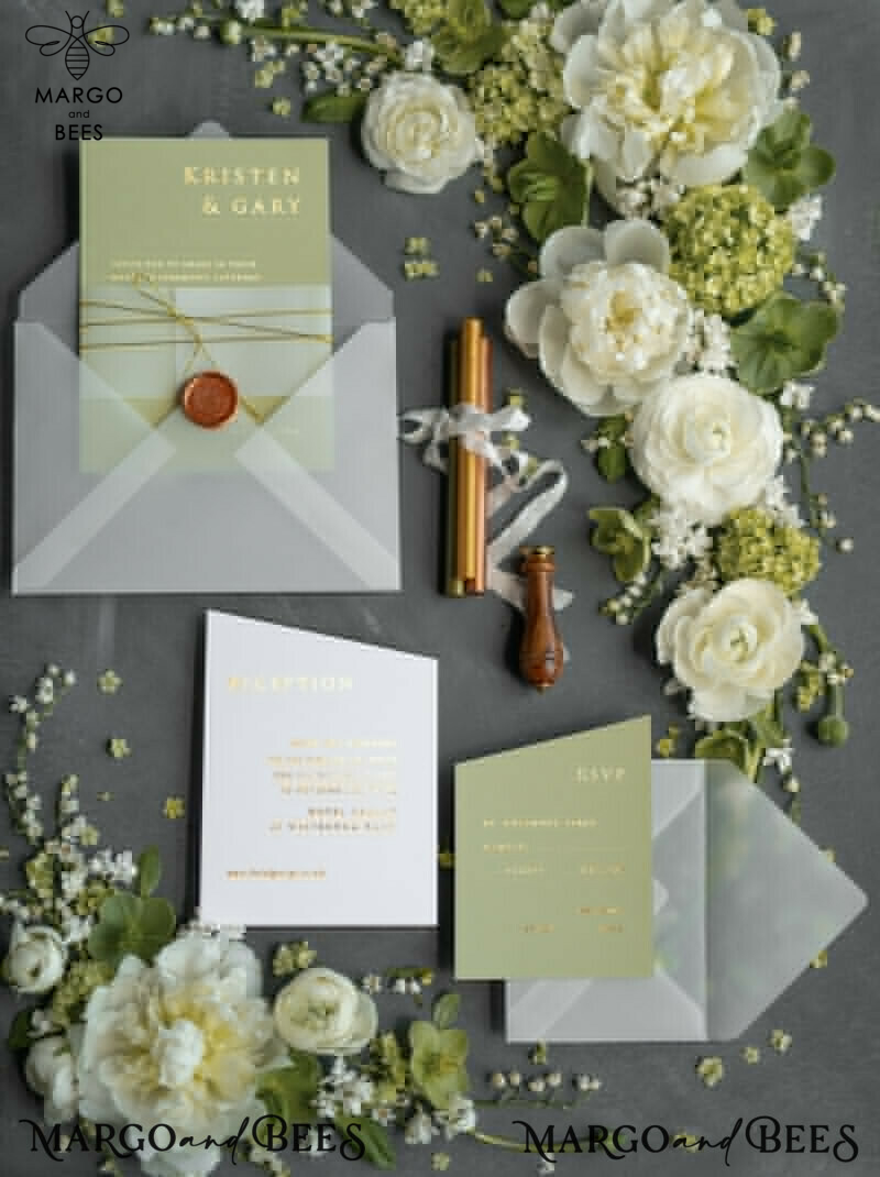 Luxury Gold Foil Wedding Invites, Elegant Sage Green Wedding Invites, Glamour Golden Shine Wedding Invitation Suite, Geometric Wedding Cards-13