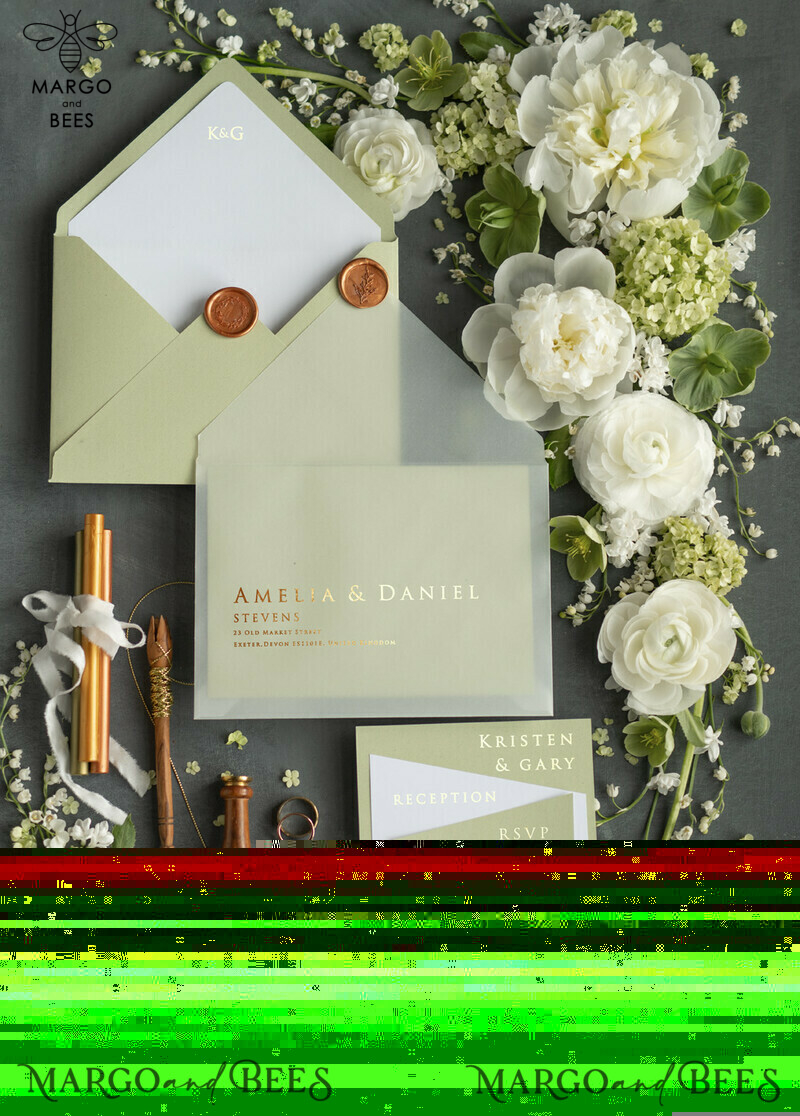 Wedding invitations UK gold pastel green colour theme  -14